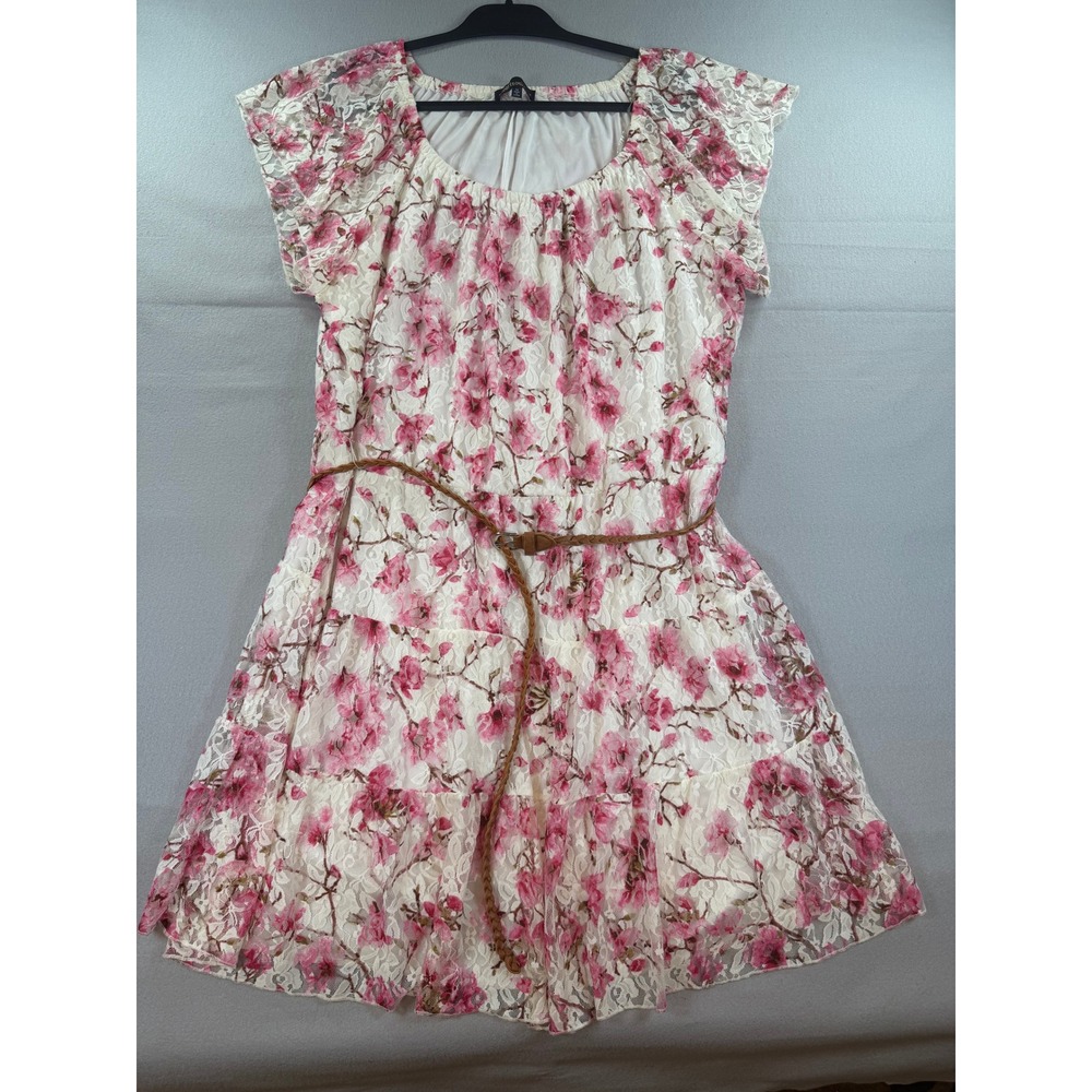 Heartsoul Plus Pink Floral Lace Mini Dress Women 3X Belted Tiered Cap Sleeve